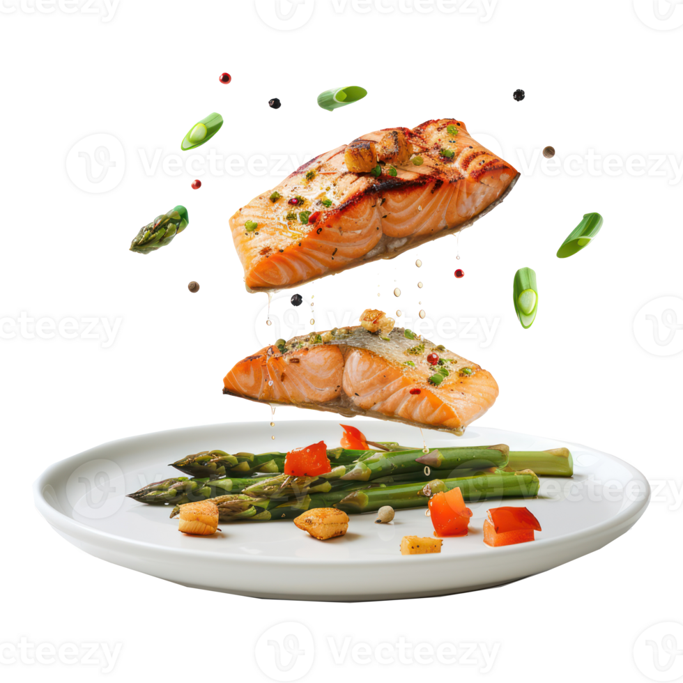 floated grilled salmon and asparagus falling into a plate isolate on transparency background png