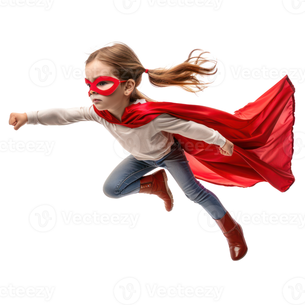 Little girl flying with superhero red cape and mask isolate on transparency background png
