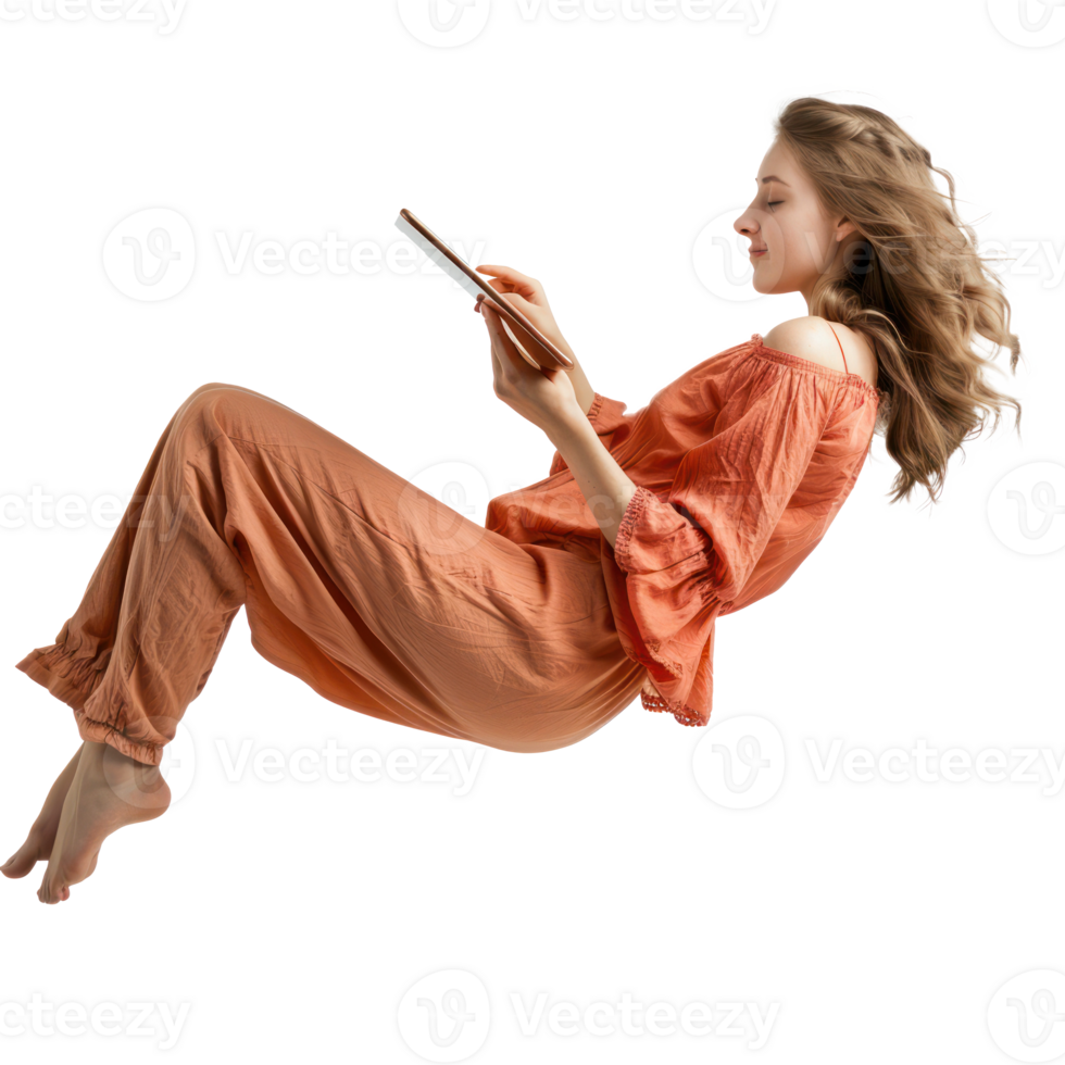full body young woman laying in the air floating while using tablet isolate on transparency background png