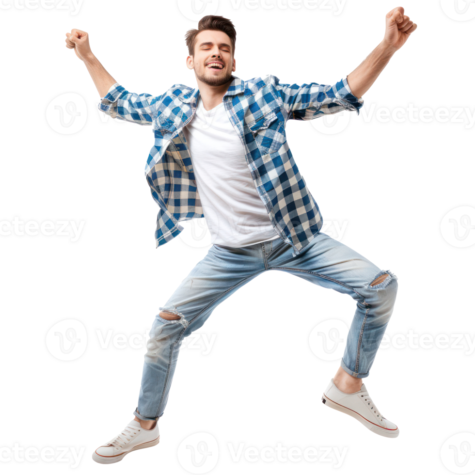 floated young man dancing gesture posing isolate on transparency background png