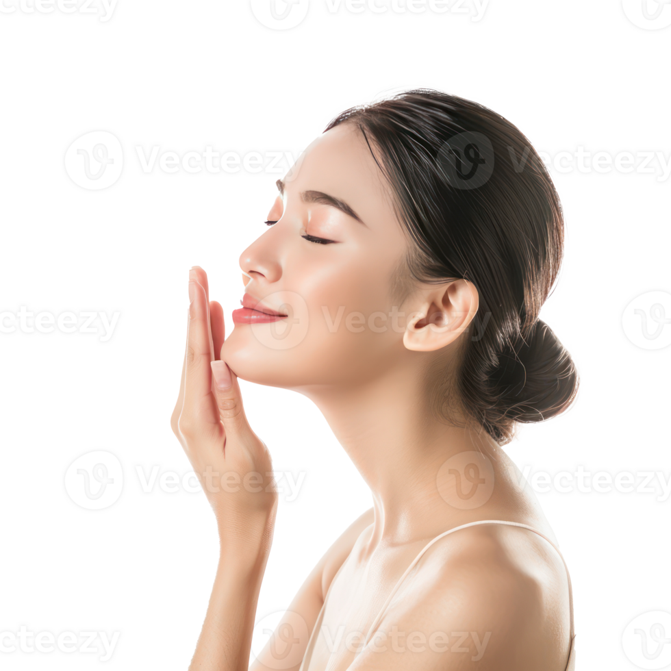 Beautiful woman with face care hand gesture side view isolate on transparency background png