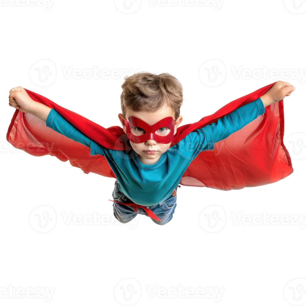 Little boy flying with superhero red cape and mask isolate on transparency background png