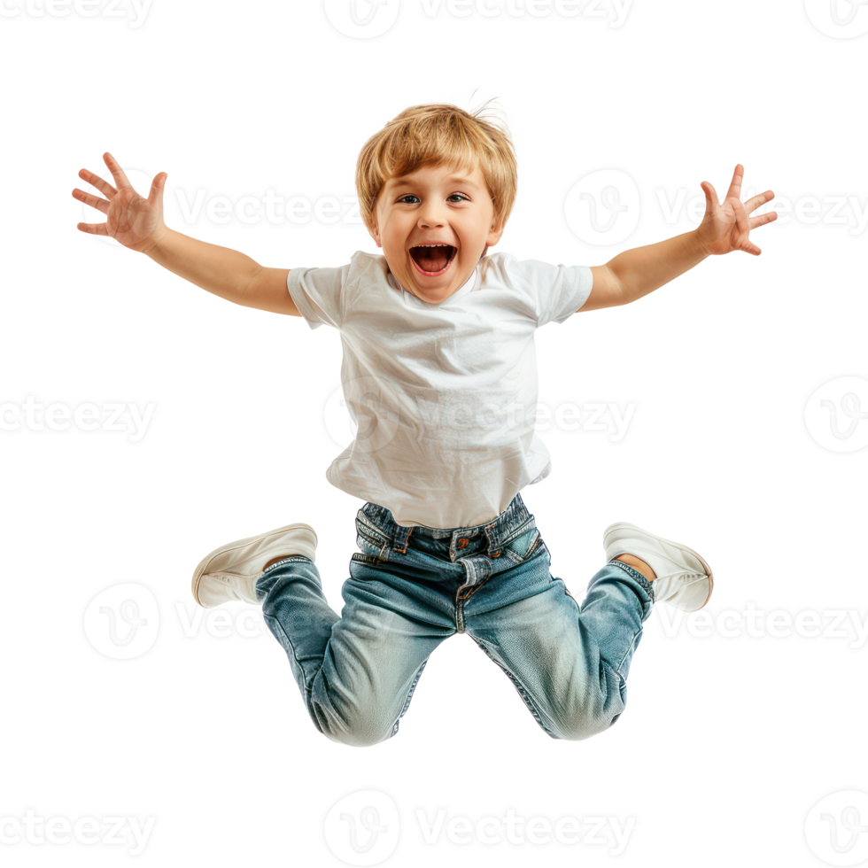 Floated overjoyed little boy jumping and gesturing happiness isolate on transparency background png