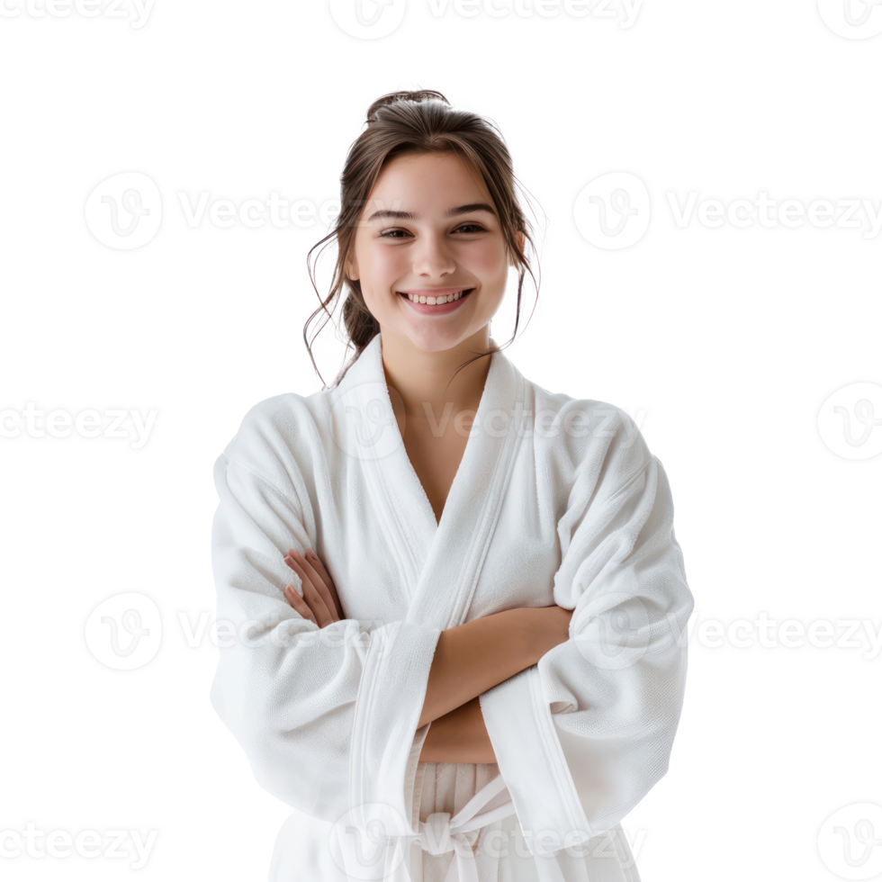 Smiling young woman wearing bathrobe standing isolate on transparency background png
