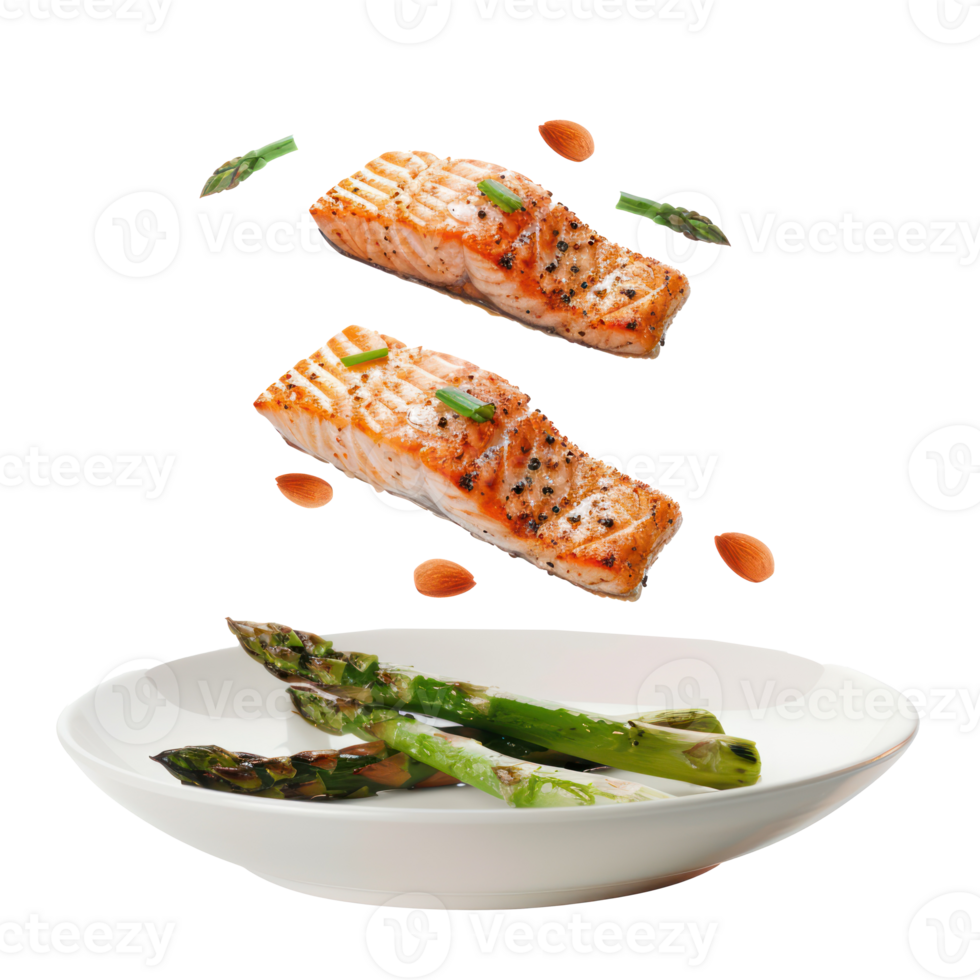 floated grilled salmon and asparagus falling into a plate isolate on transparency background png