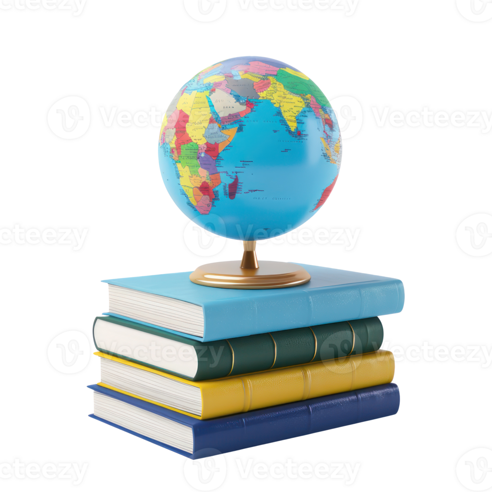 stack of books and a 3d globe education isolate on transparency background png