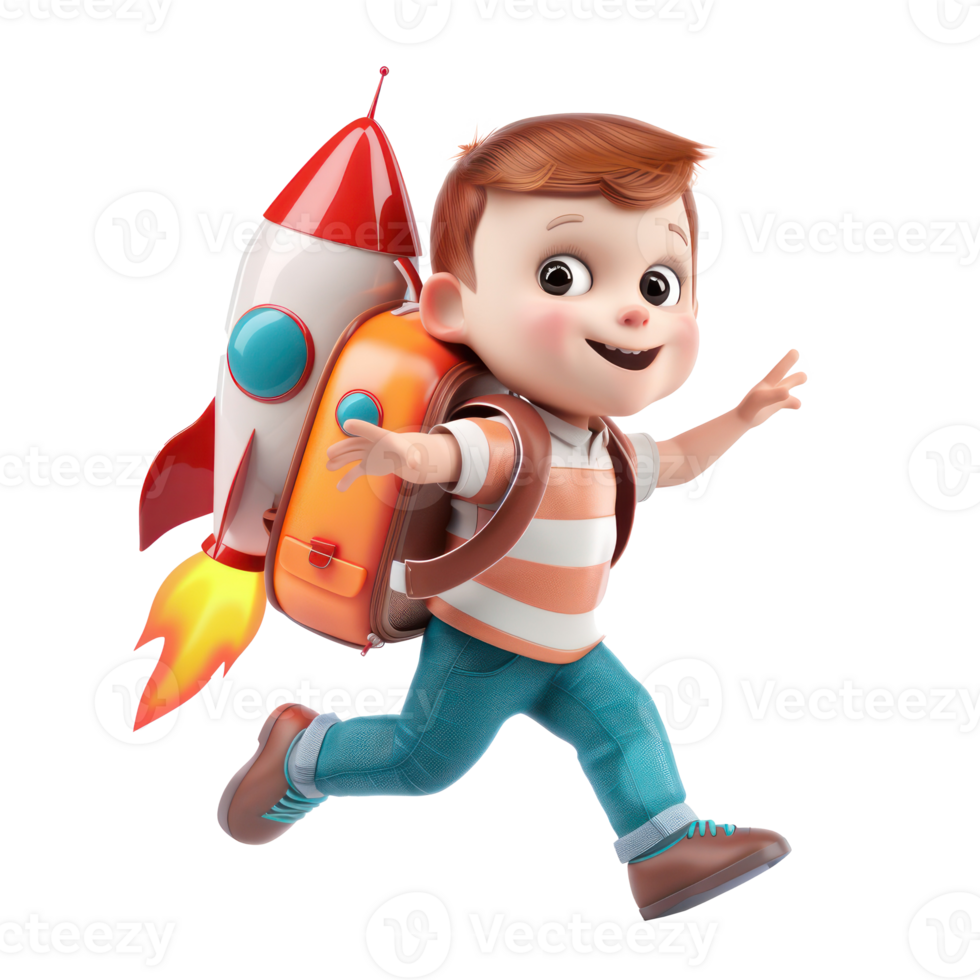 Happy cute boy with 3d rocket school backpack flying isolate on transparency background png