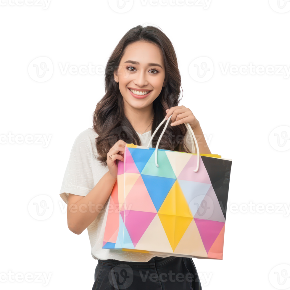 Smiling young woman with colorful shopping bag, standing isolate on transparency background png