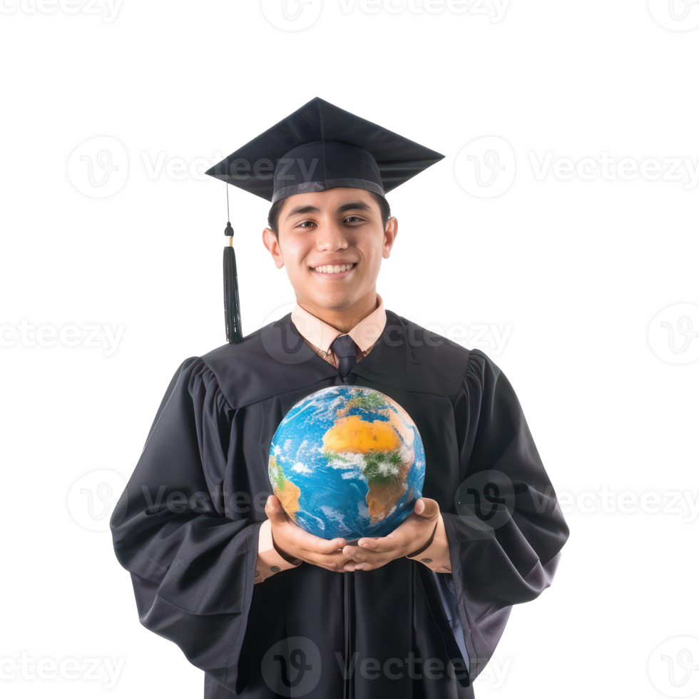 student in a graduation gown holding an earth globe in hand isolate on transparency background png