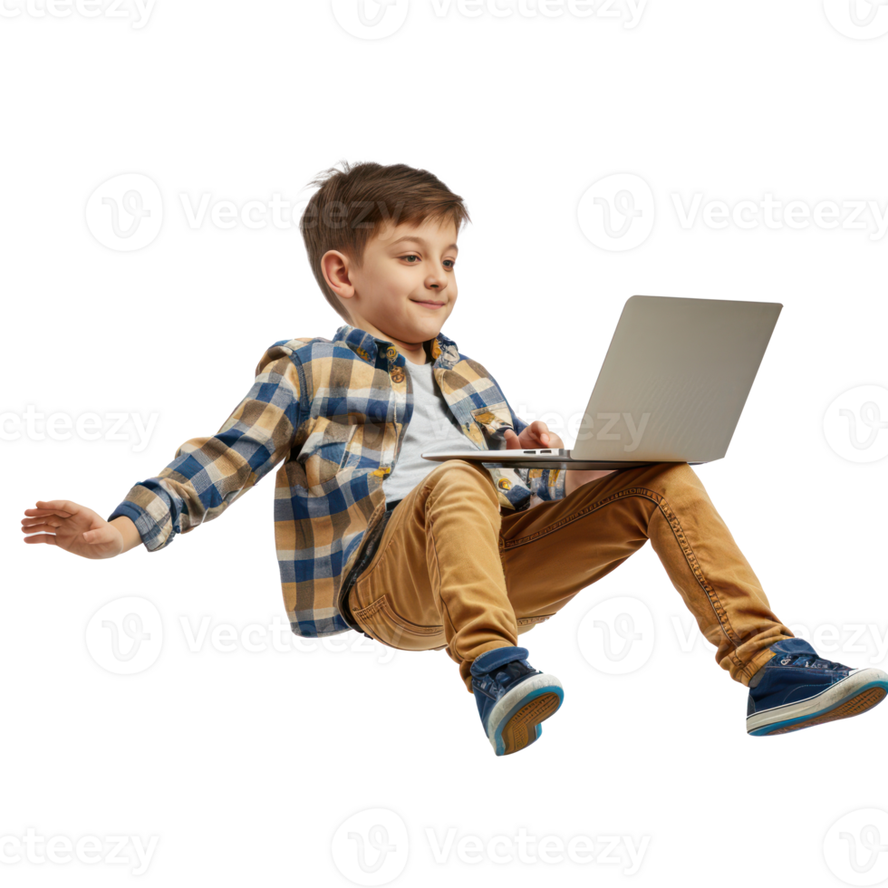 full body little boy laying in the air floating while using laptop isolate on transparency background png