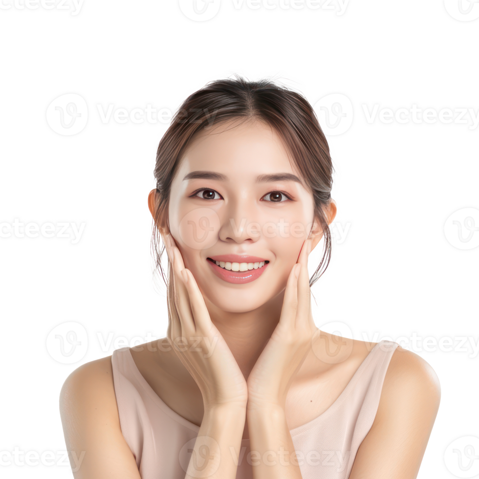 Beautiful woman with face care hand gesture front view isolate on transparency background png
