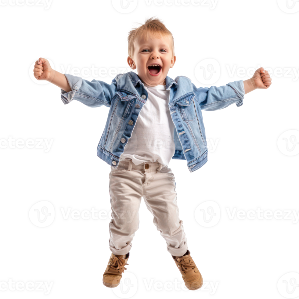 Floated overjoyed little boy jumping and gesturing happiness isolate on transparency background png