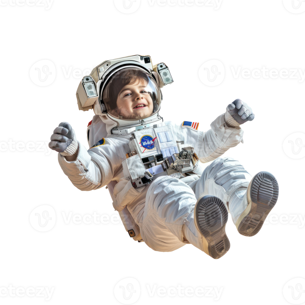little boy in astronaut suit floating in the air isolate on transparency background png