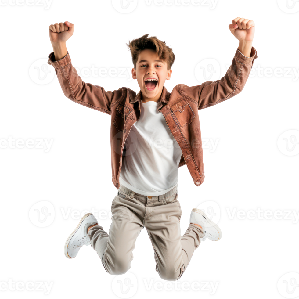 Floated overjoyed teen boy jumping and gesturing happiness isolate on transparency background png
