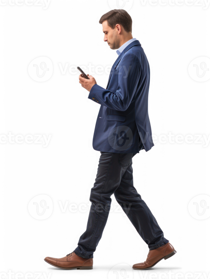 businessman using smartphone while walking, side view full body isolate on transparency background png
