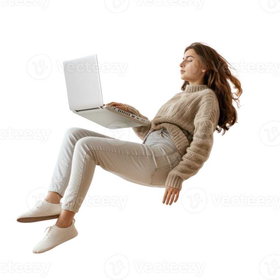 full body young woman laying in the air floating while using laptop isolate on transparency background png