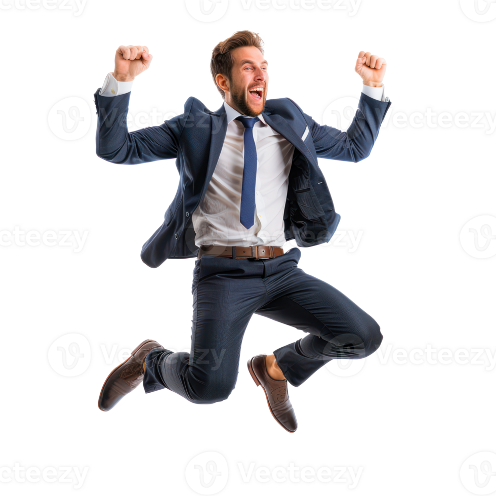 Floated overjoyed businessman jumping and gesturing happiness isolate on transparency background png