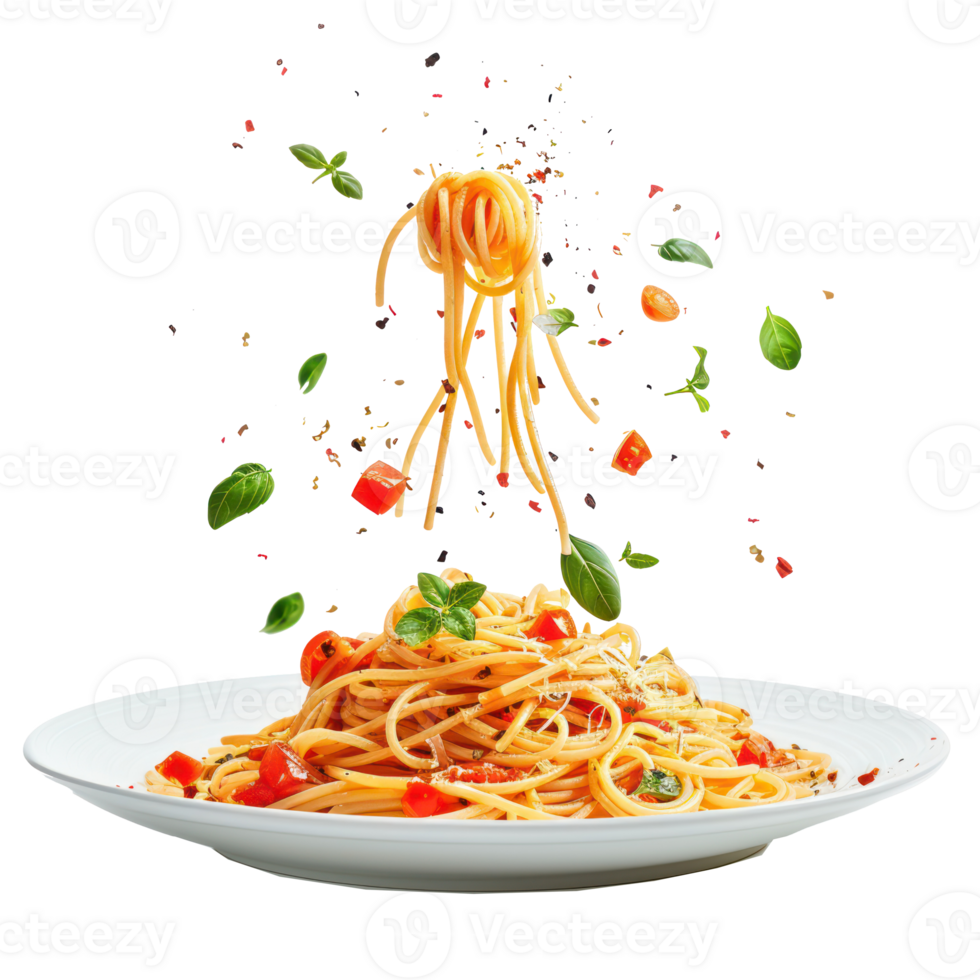 floated Delicious spaghetti with sources falling into a plate isolate on transparency background png