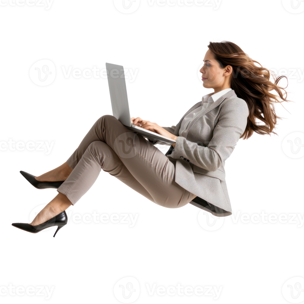 full body businesswoman laying in the air floating while using laptop isolate on transparency background png