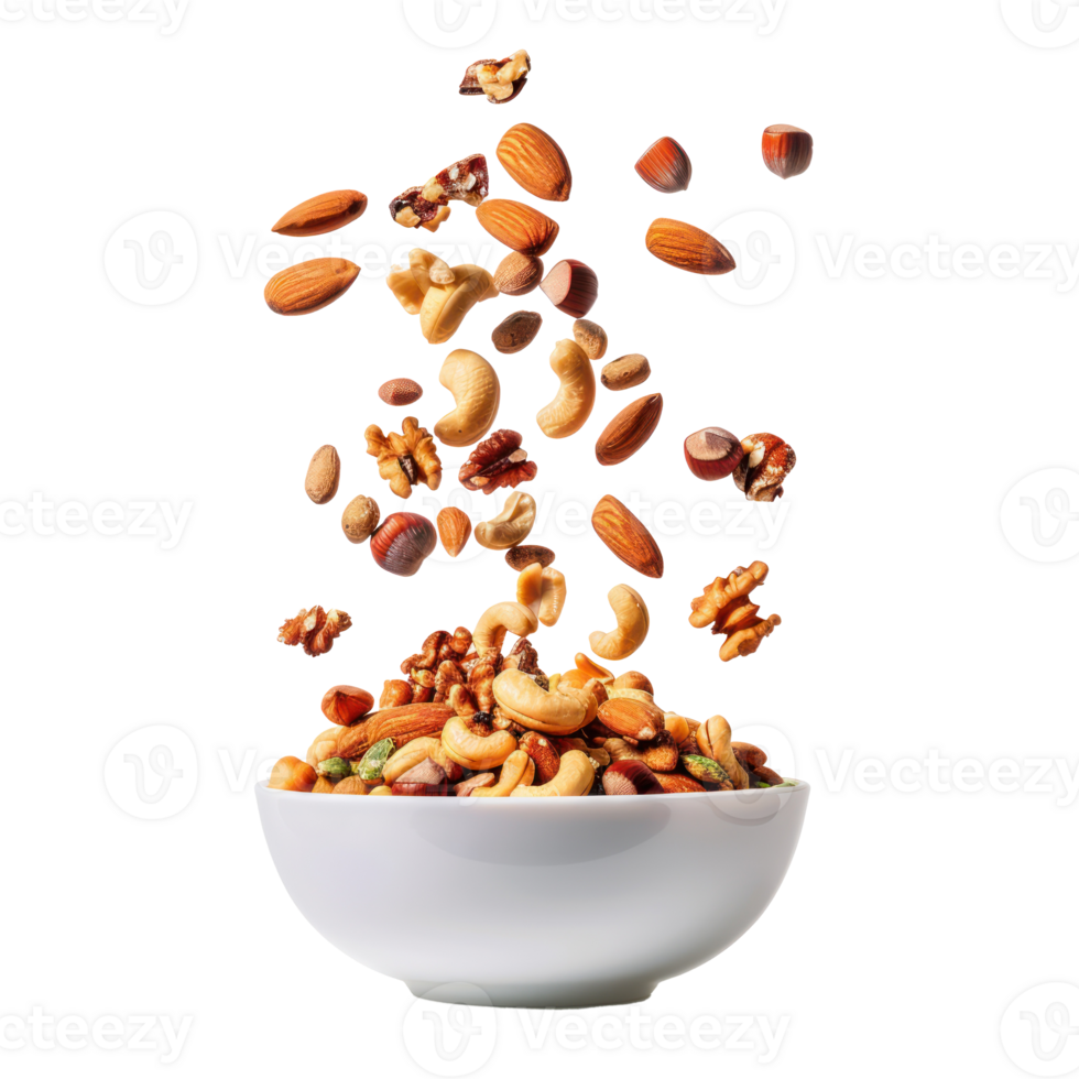 Falling mix nuts in bowl isolate on transparency background png