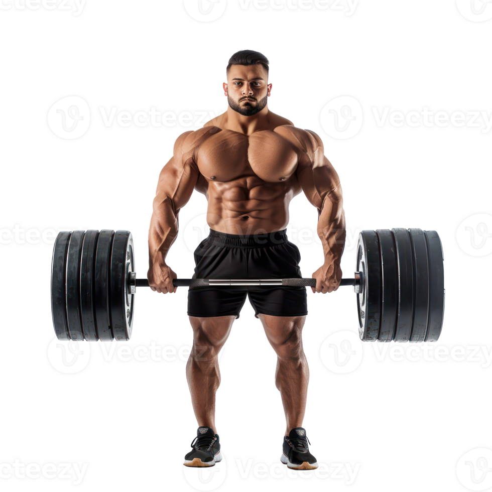 young man bodybuilder lift with heavy weights front view full length isolate on transparency background png