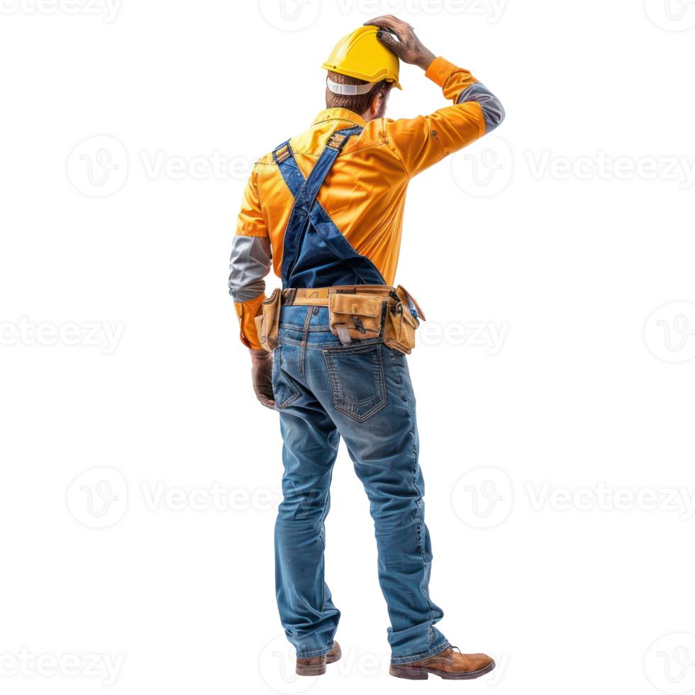 Back view of construction worker looking at something up, standing isolate on transparency background png