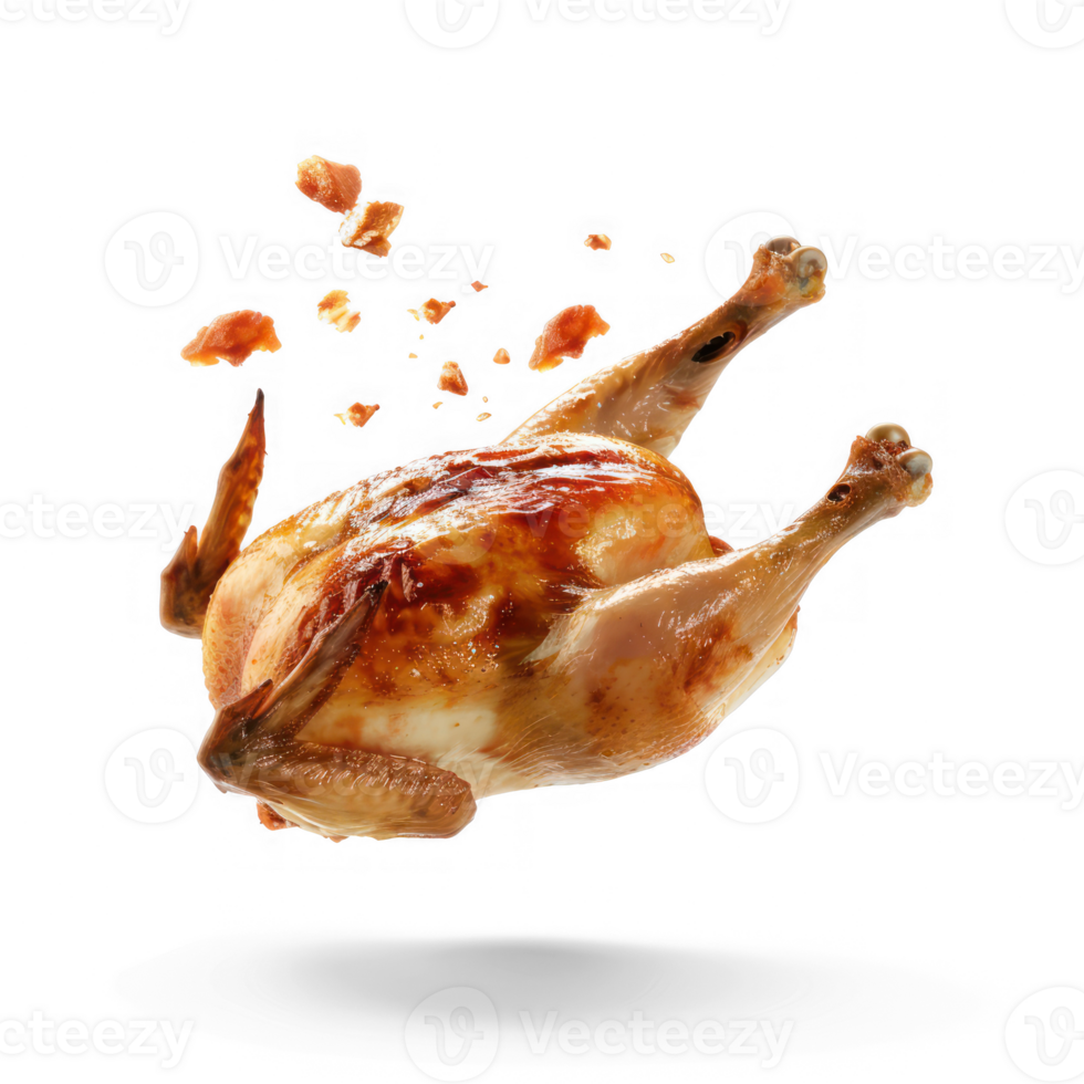 floated roasted chicken falling isolate on transparency background png