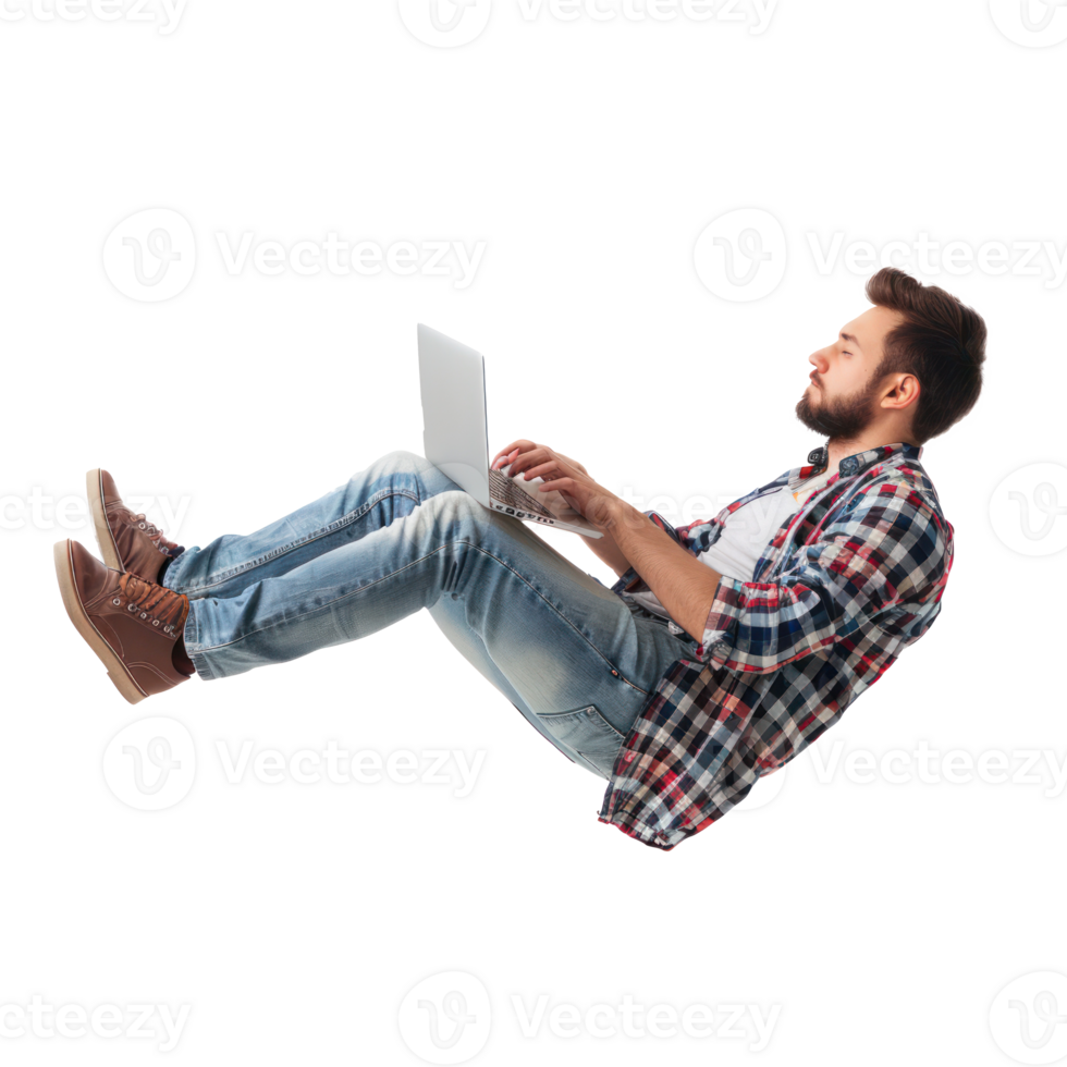 full body young man laying in the air floating while using laptop isolate on transparency background png