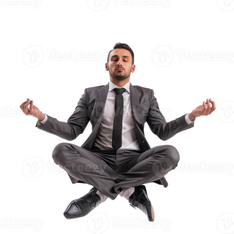 floated businessman doing yoga in the air, isolate on transparency background png