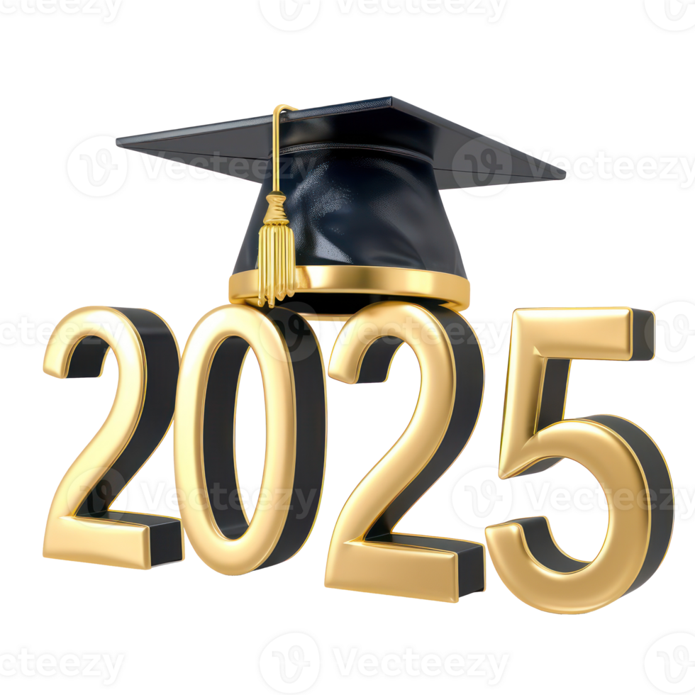 3d text 2025 with graduate cap on the top isolate on transparency background png