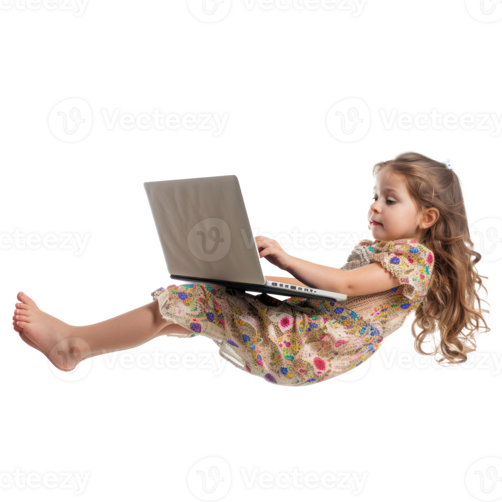 full body little girl laying in the air floating while using laptop isolate on transparency background png