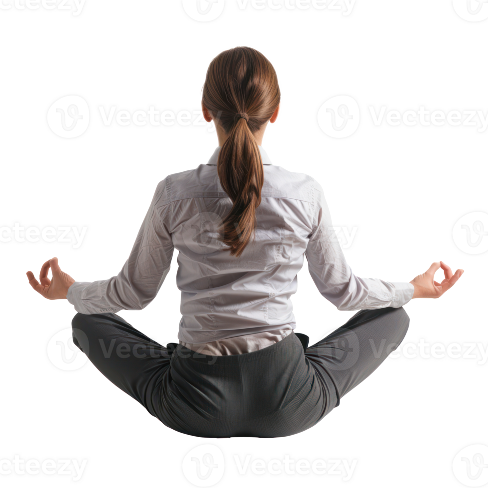 floated back view of businesswoman doing yoga in the air, isolate on transparency background png