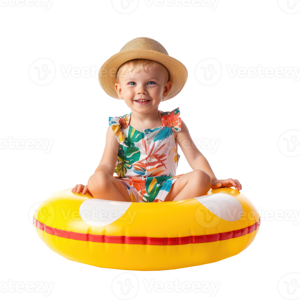Happy little boy wearing summer clothes with inflatable swimming circle front view full length isolate on transparency background png