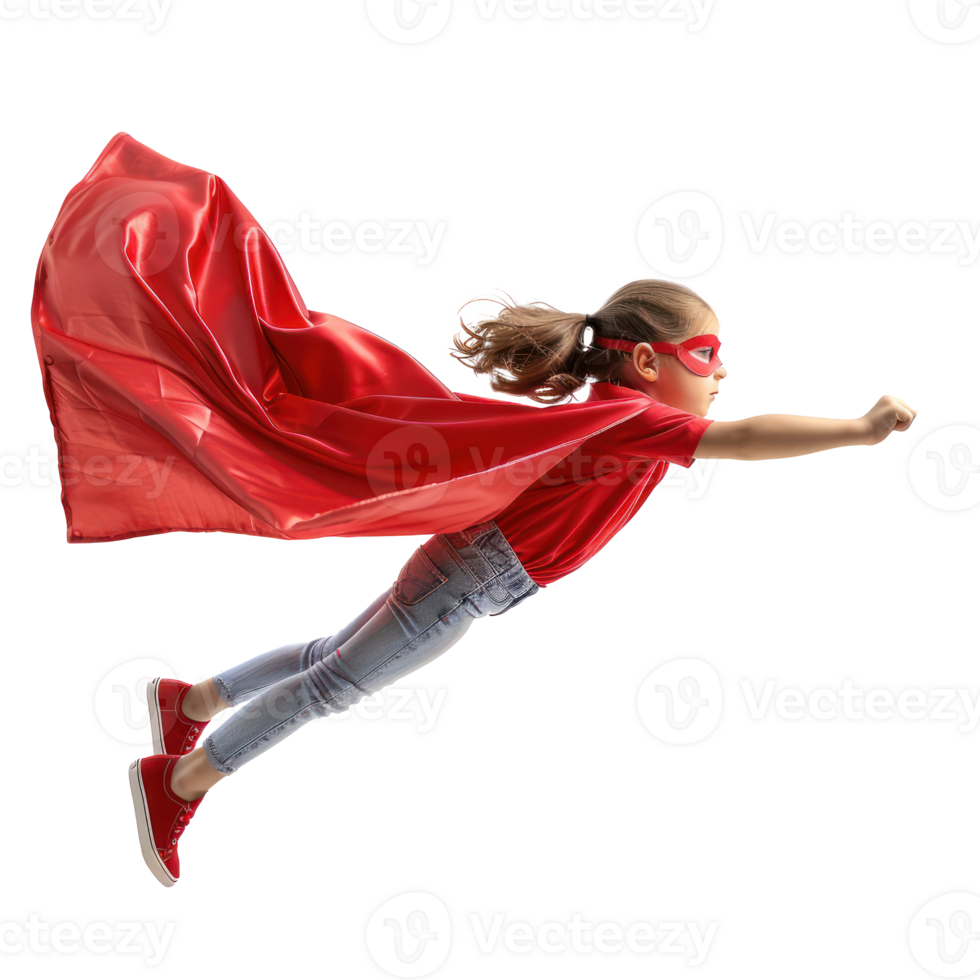 Little girl flying with superhero red cape and mask isolate on transparency background png