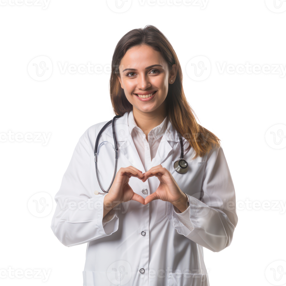 Smiling young female doctor making heart geture with hand, standing isolate on transparency background png