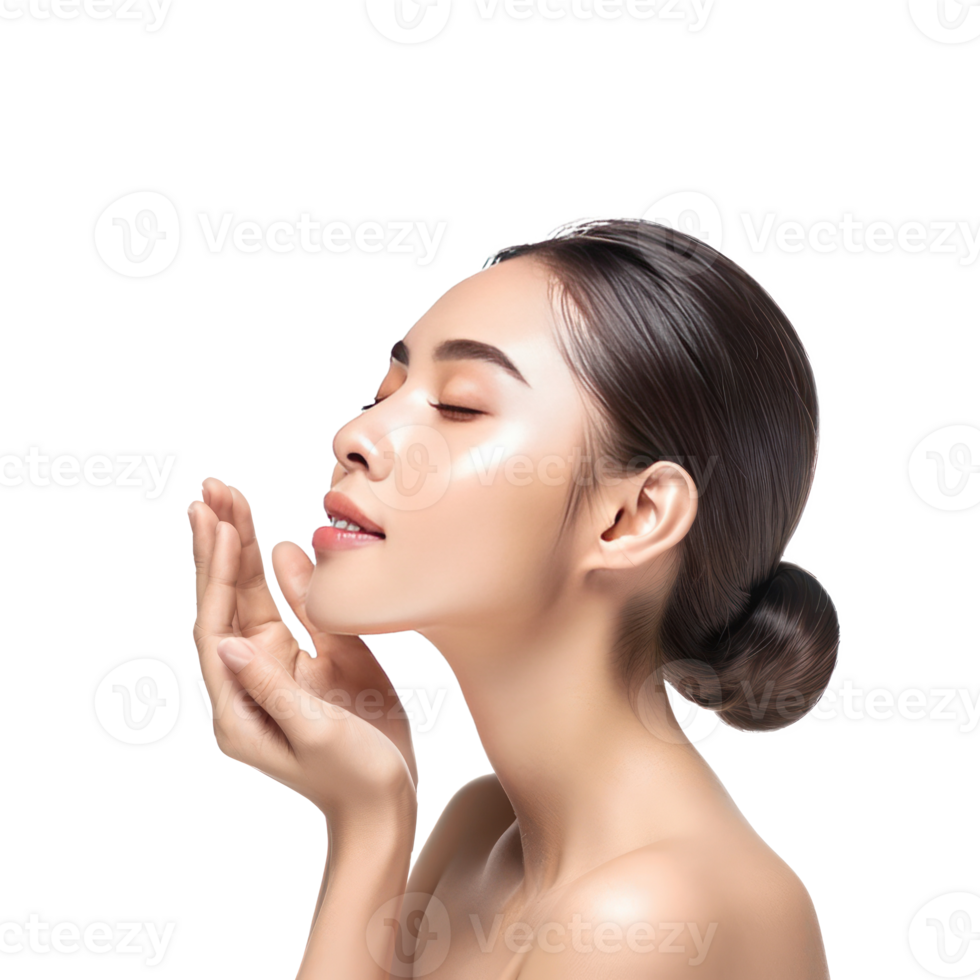 Beautiful woman body and face care with hand geture side view isolate on transparency background png