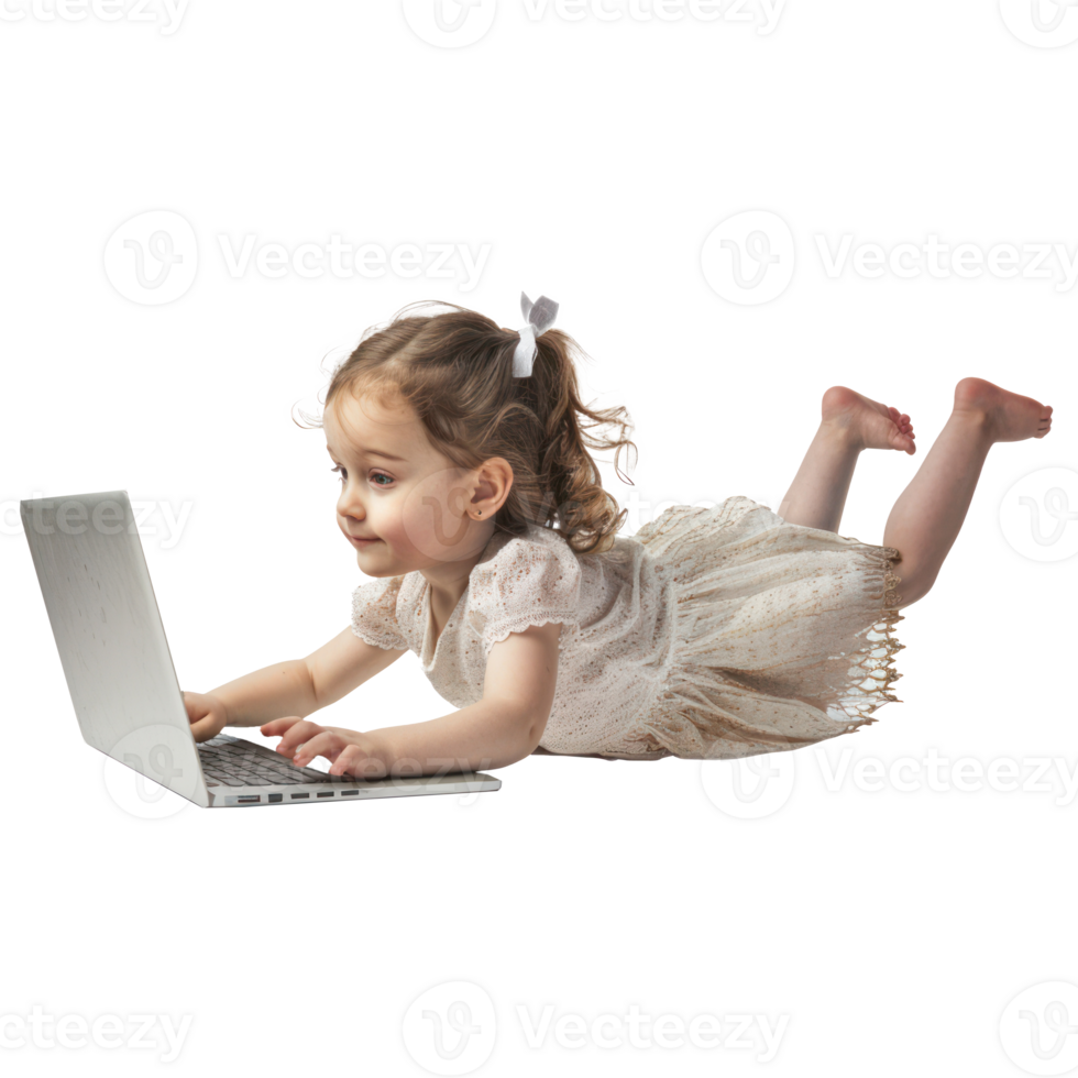 full body little girl laying in the air floating while using laptop isolate on transparency background png