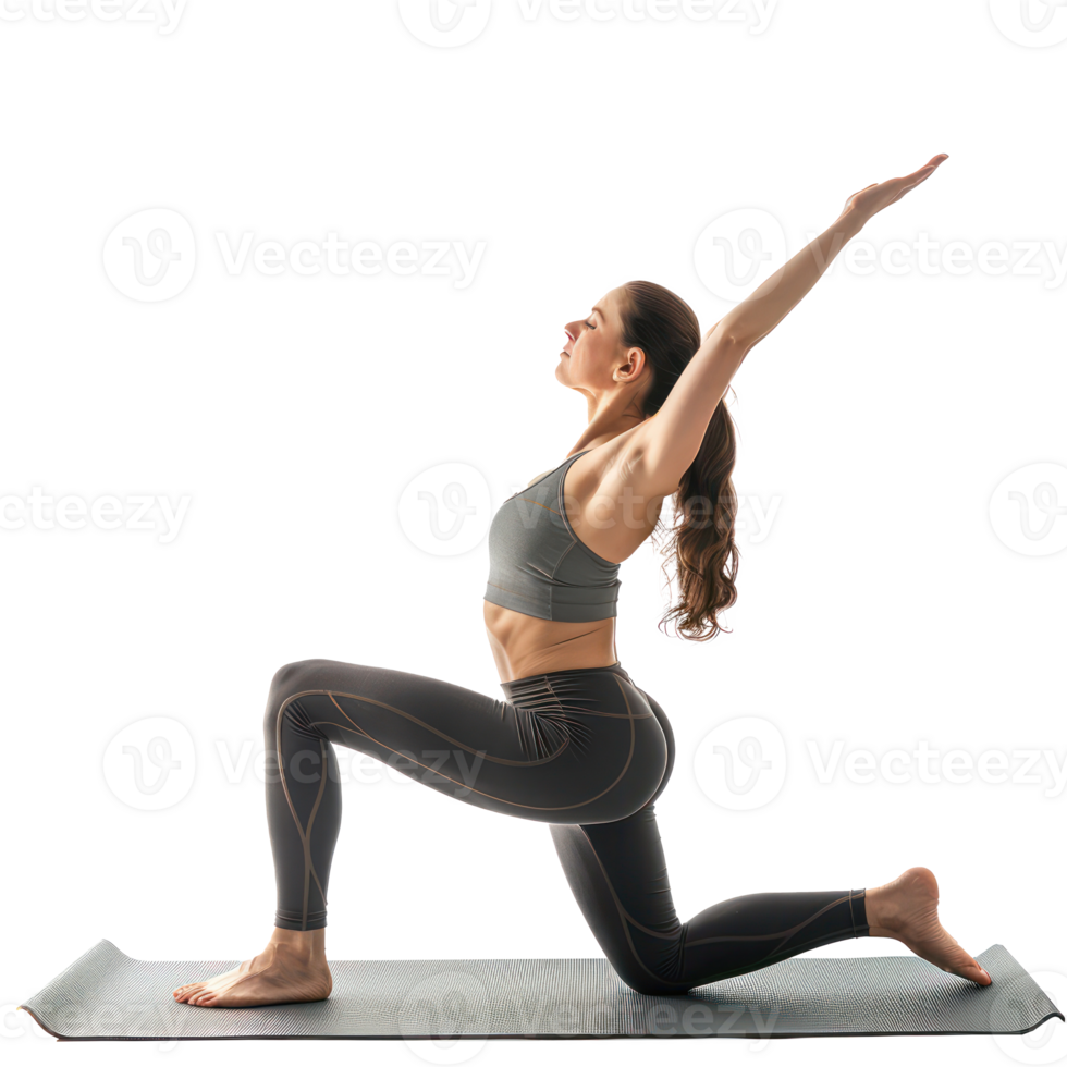 Young woman practicing yoga on yoga mat side view full length isolate on transparency background png