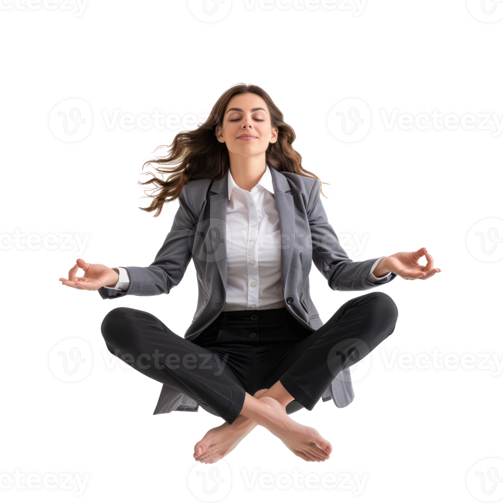 floated business woman doing yoga in the air, isolate on transparency background png