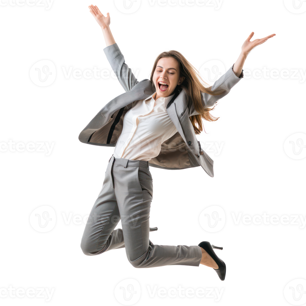 Floated overjoyed businesswoman jumping and gesturing happiness isolate on transparency background png