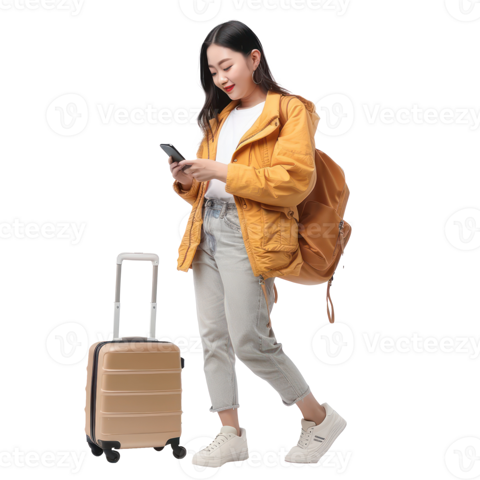Beautiful young woman looking at mobile phone while holding travel suitcase walking side view full length isolate on transparency background png