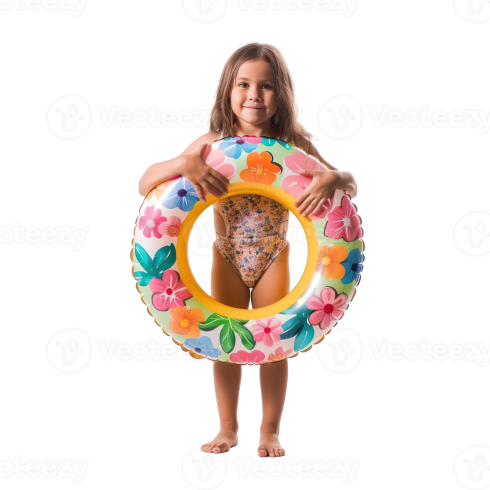 Happy little girl wearing summer clothes with inflatable swimming circle front view full length isolate on transparency background png