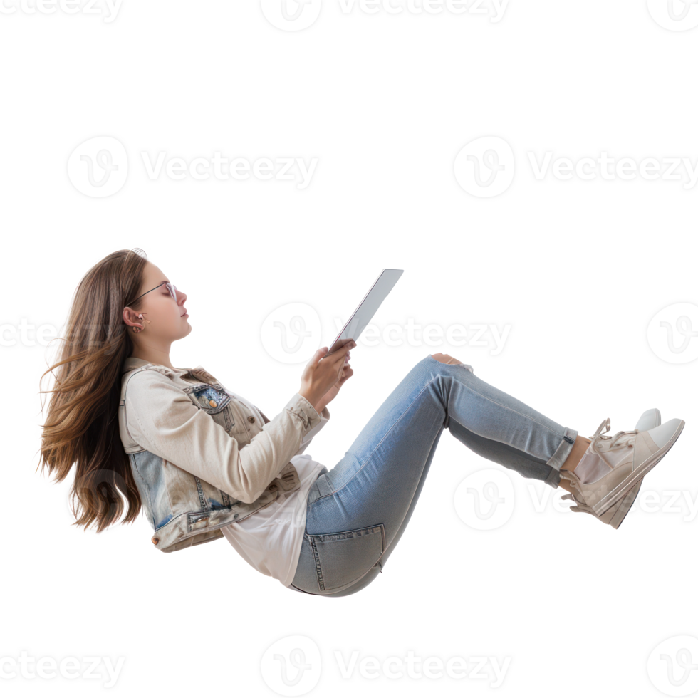 full body young woman laying in the air floating while using tablet isolate on transparency background png