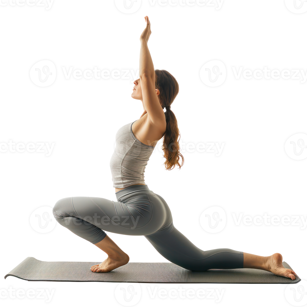 Young woman practicing yoga on yoga mat side view full length isolate on transparency background png