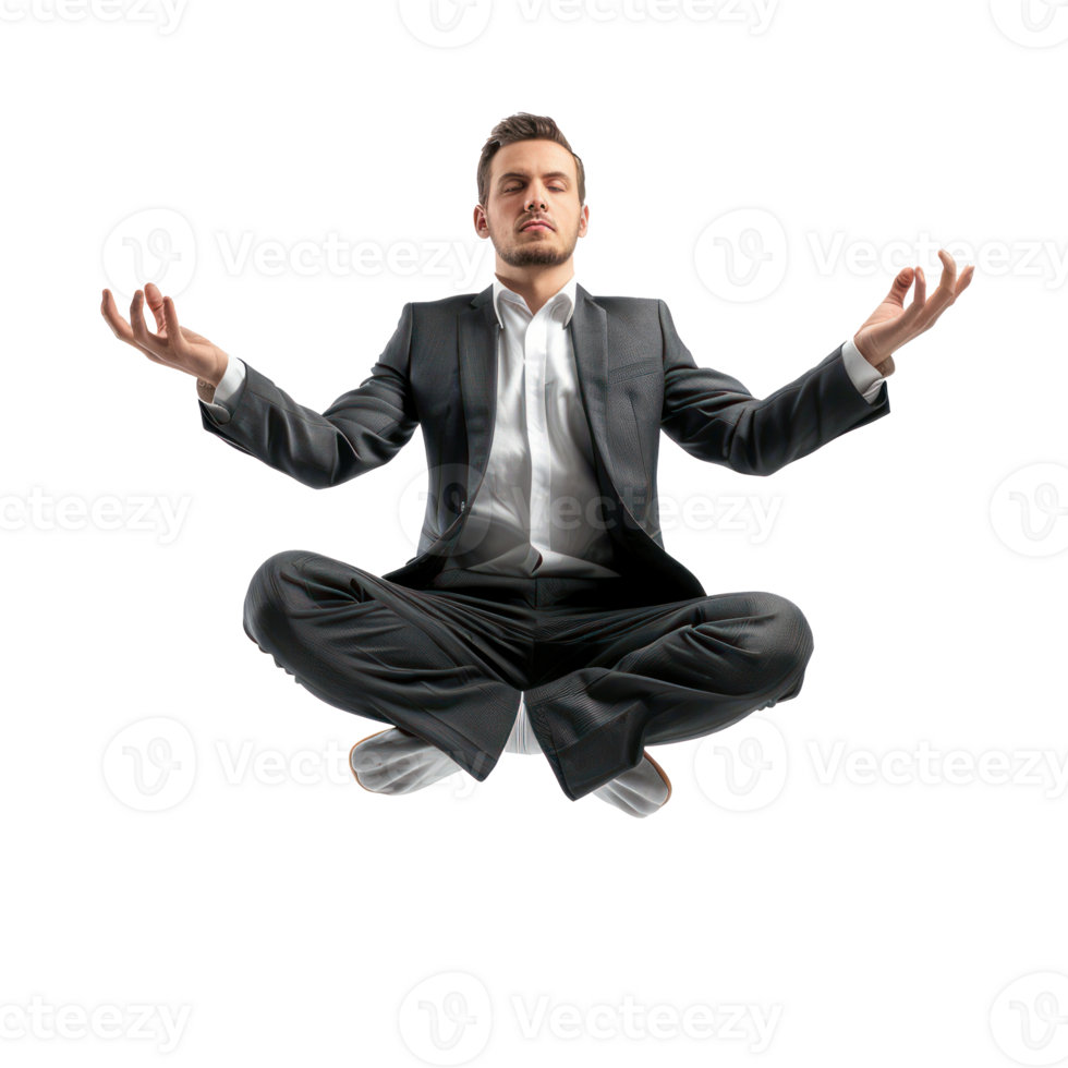 floated businessman doing yoga in the air, isolate on transparency background png