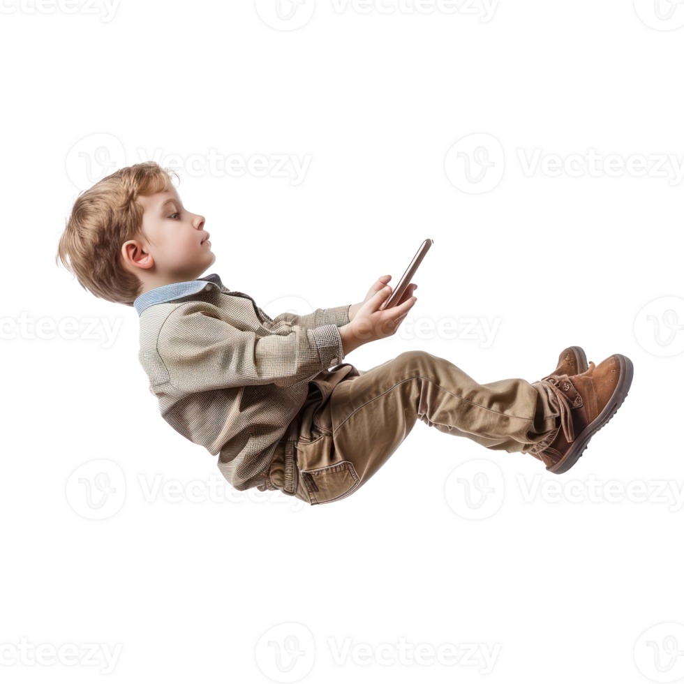 full body little boy laying in the air floating while using smart phone isolate on transparency background png