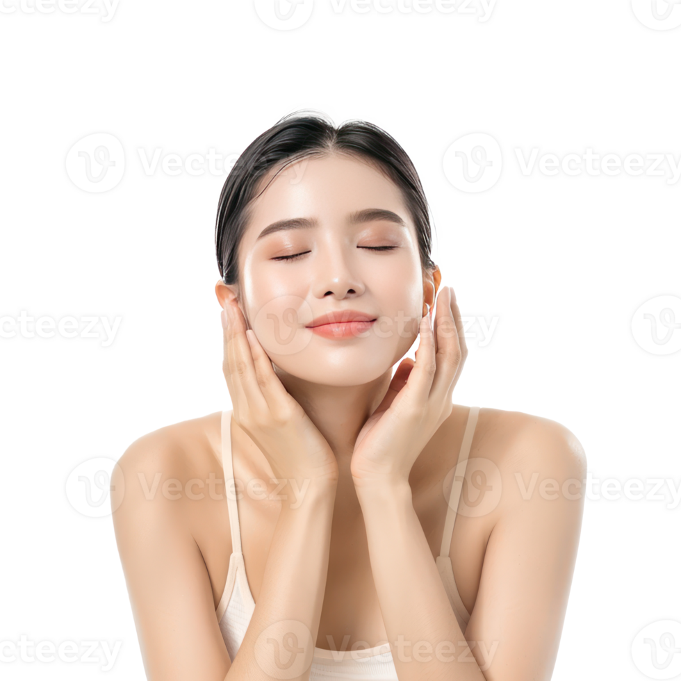 Beautiful woman body and face care with hand geture isolate on transparency background png