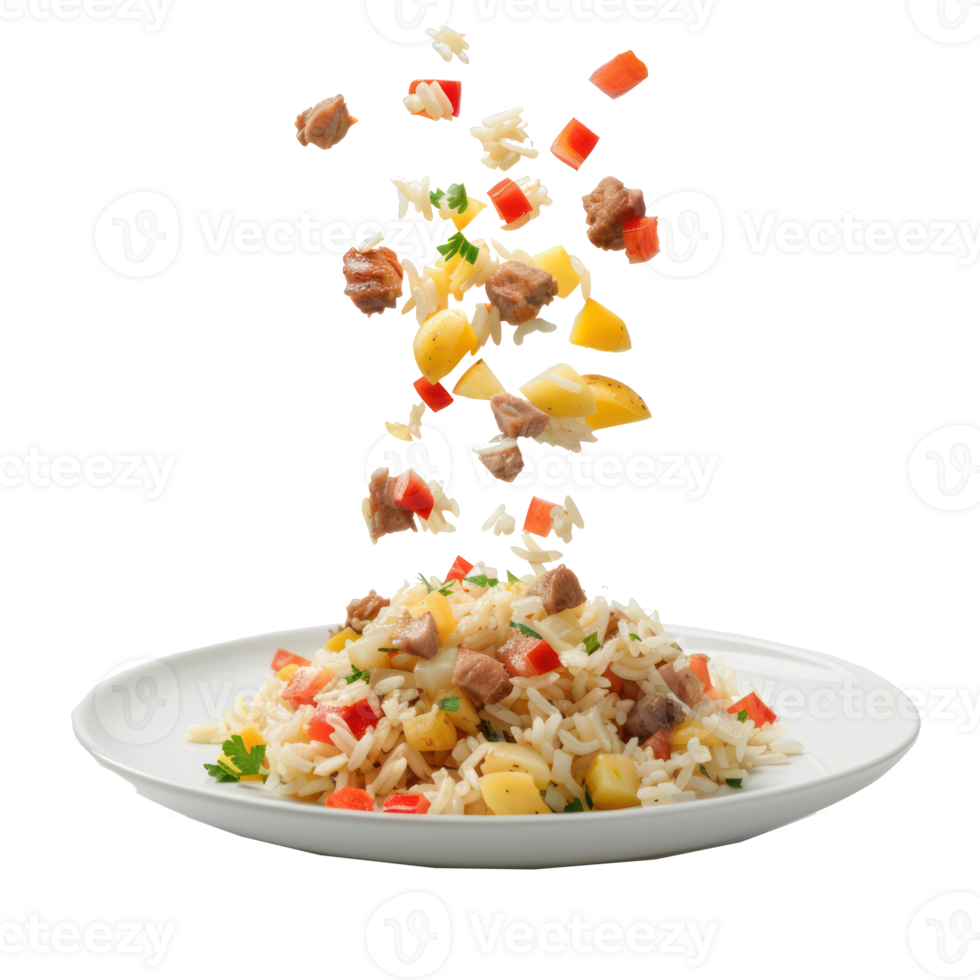 floated Rice with potatoes and meat falling into a plate isolate on transparency background png