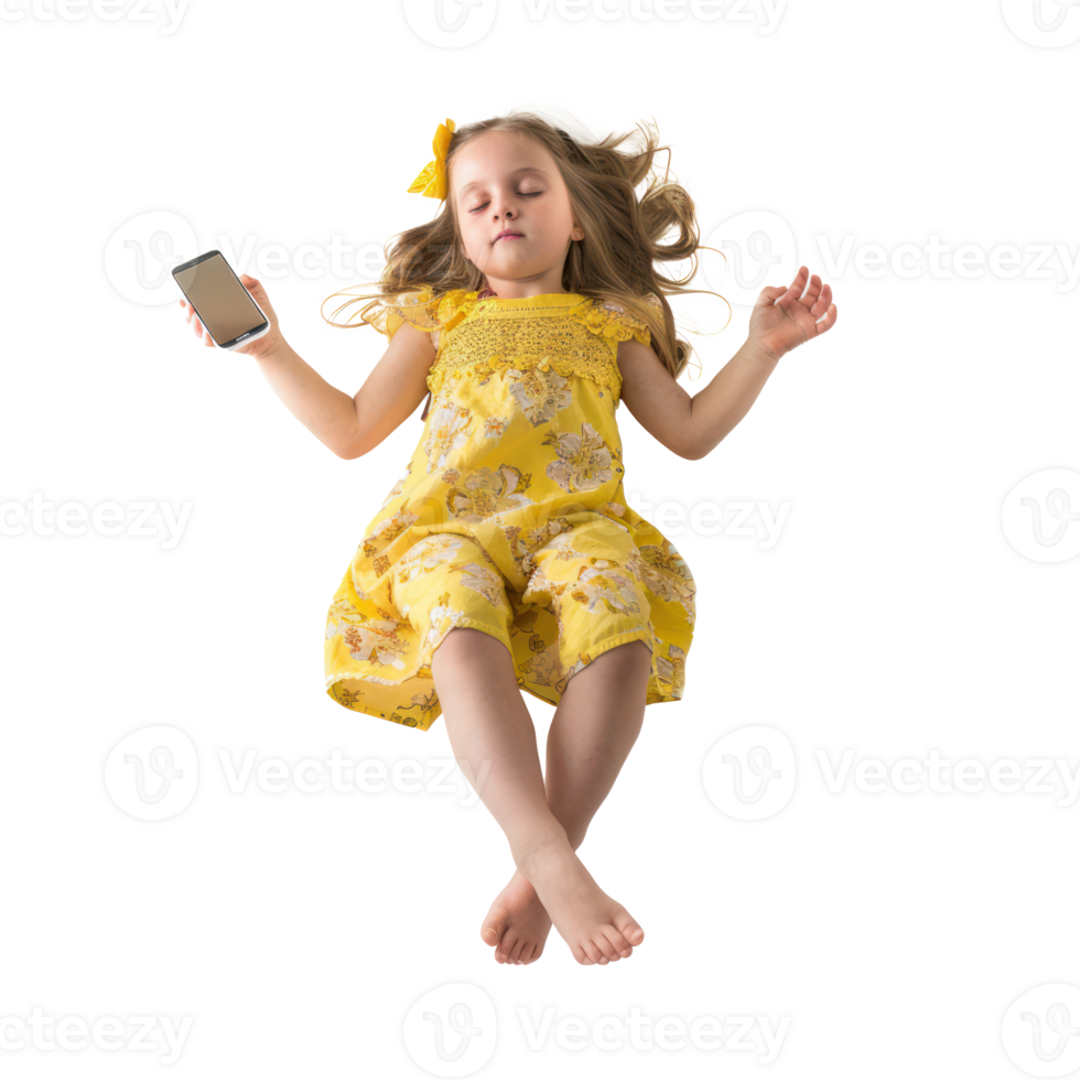 full body little girl laying in the air floating while using smart phone isolate on transparency background png