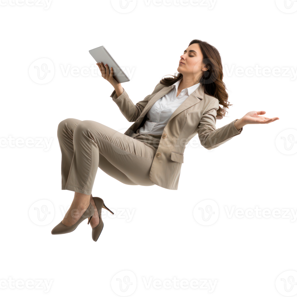 full body business woman laying in the air floating while using tablet isolate on transparency background png